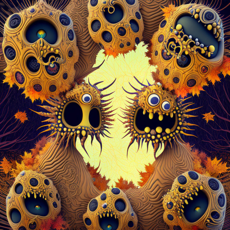 Colorful surreal digital artwork: fractal patterns create creature-like entities with eye sockets and teeth around glowing