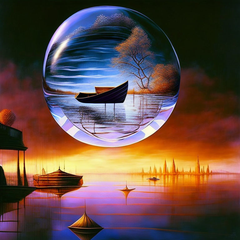 Surreal painting of crystal ball reflecting serene boat scene at sunset