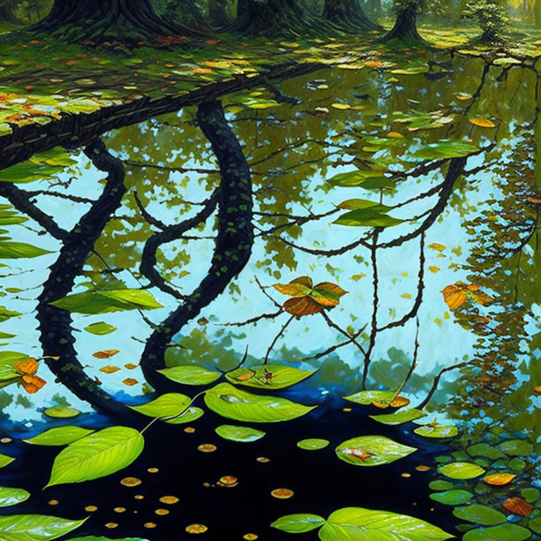 Tranquil Pond with Green Lily Pads and Autumn Leaves Reflection