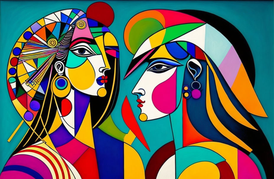 Vibrant abstract art: two faces in profile with bold geometric shapes