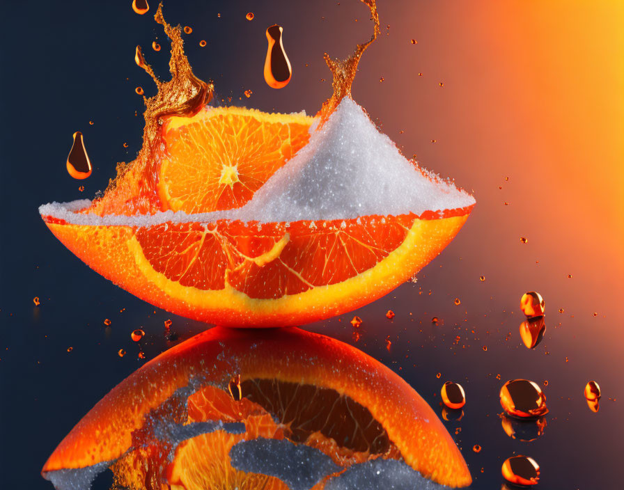 Orange slice splashing into water on blue-orange gradient background