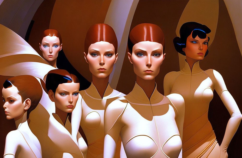 Abstract warm-toned background with six stylized female figures in futuristic attire