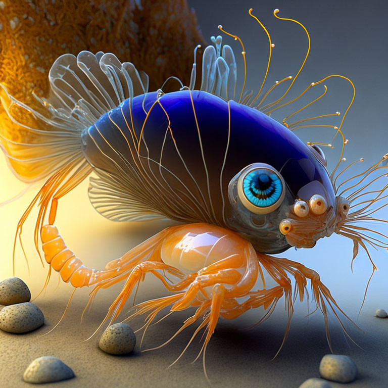 Whimsical sea creature digital artwork with vibrant blue body