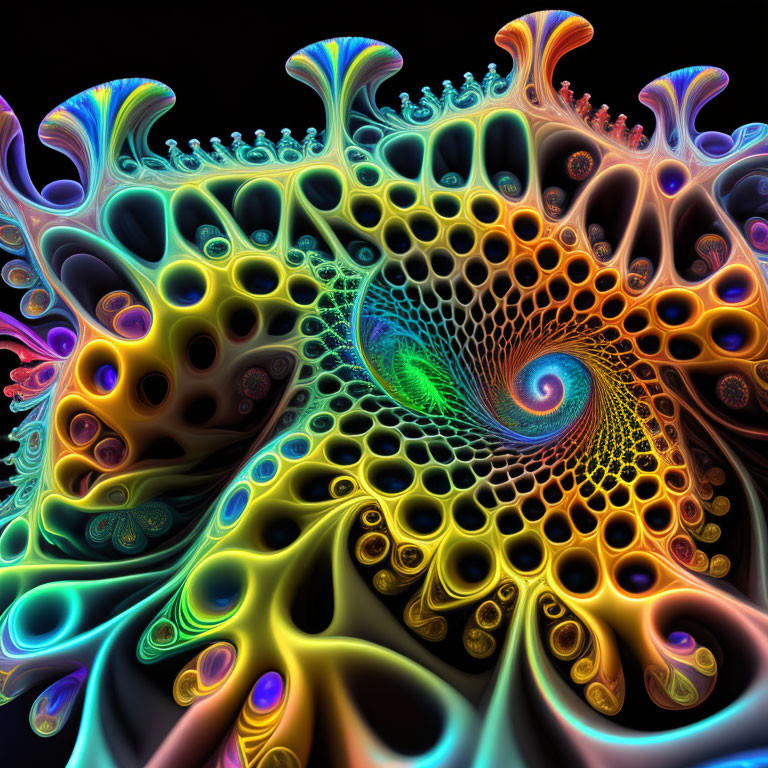 Colorful fractal design with swirling patterns and organic holes in blue, orange, and green.