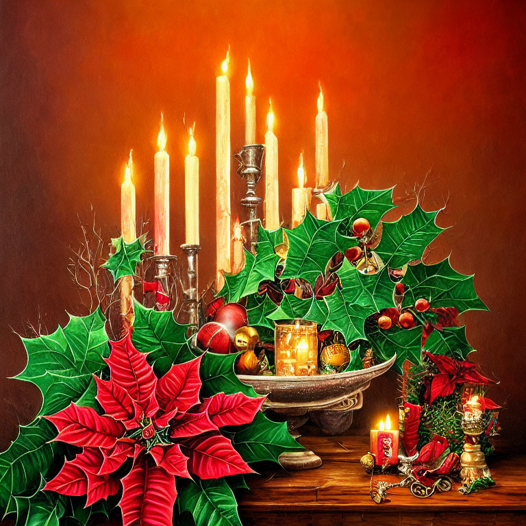 Festive holiday table setting with candles, poinsettias, holly leaves, baub