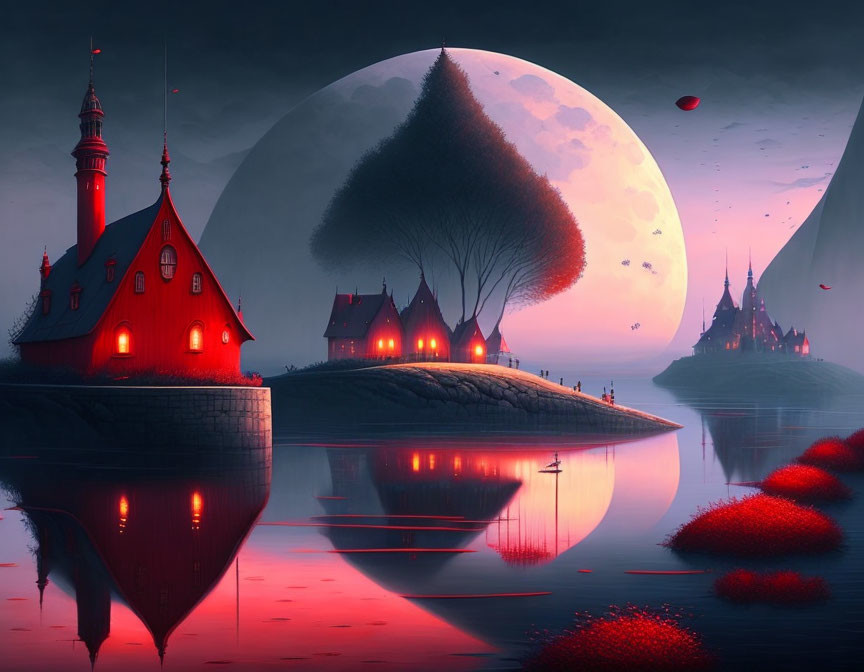 Twilight fantasy landscape with glowing red-roofed castle and moonlit scenery