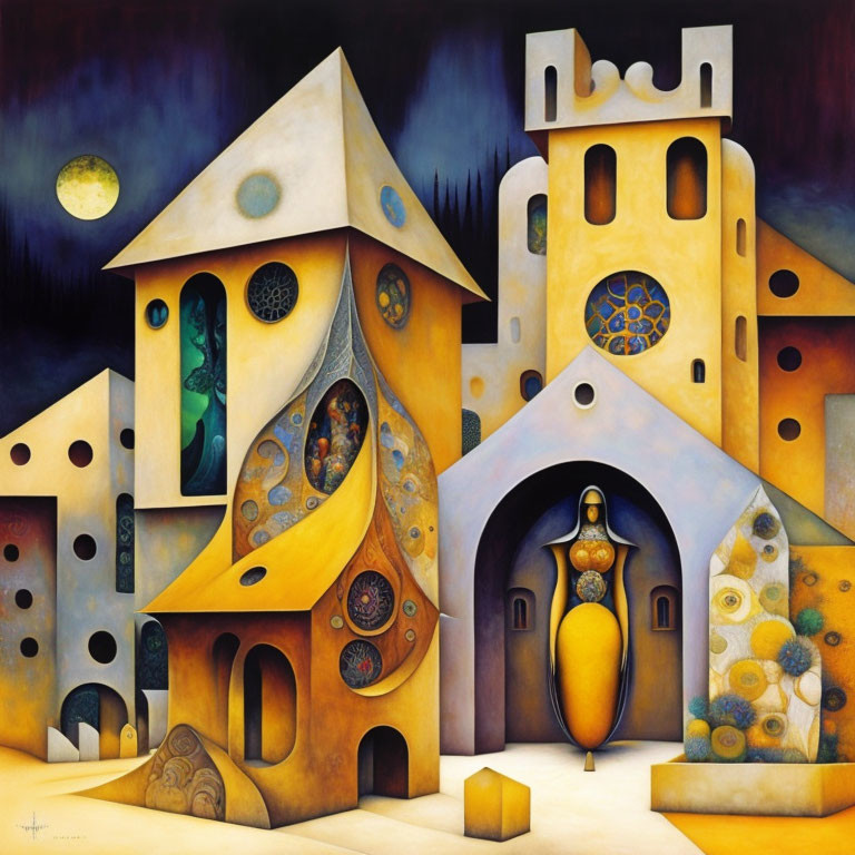 Whimsical surreal painting of swirling buildings and moon