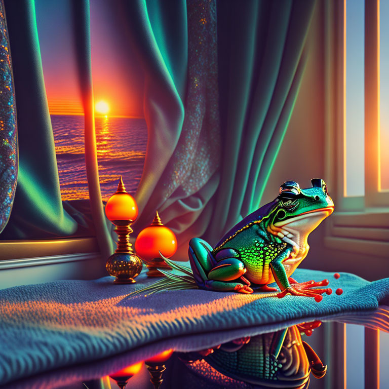 Colorful frog with sunglasses on windowsill at sunset overlooking sea