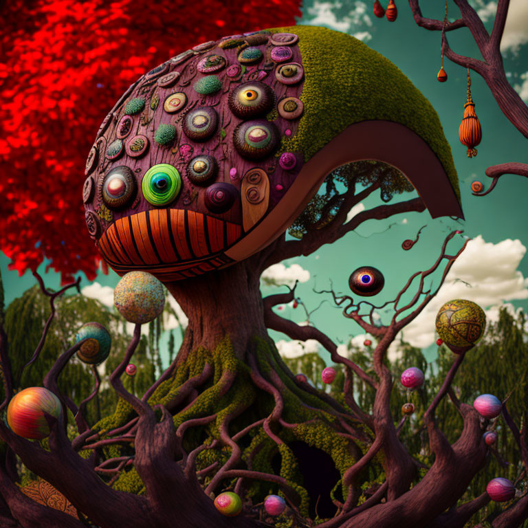 Vibrant surreal landscape with whimsical tree, floating orbs, and red foliage