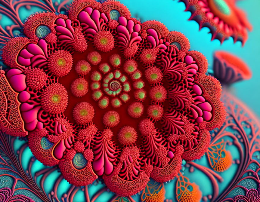 Intricate Red Coral-Like Fractal on Teal Background