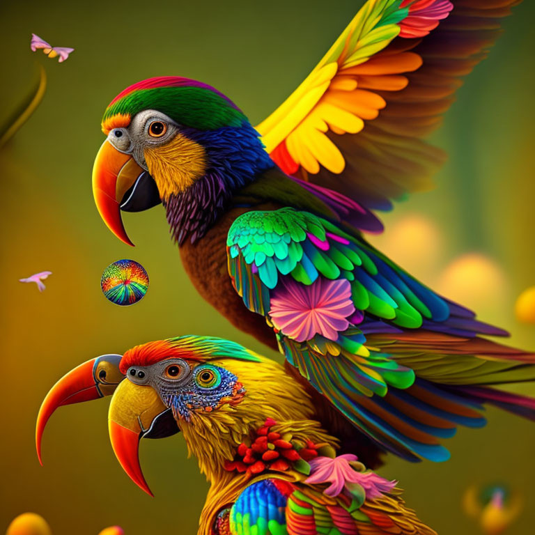 Colorful Stylized Parrots Artwork on Golden Background