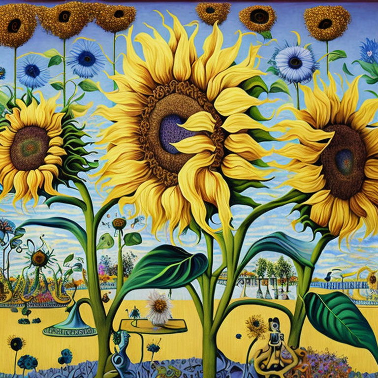 Colorful painting: Oversized sunflowers, blue sky background, intricate scenes within.