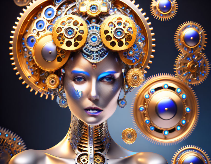 Blue-skinned female figure in golden gear and cog headdress with floating mechanical orbs.