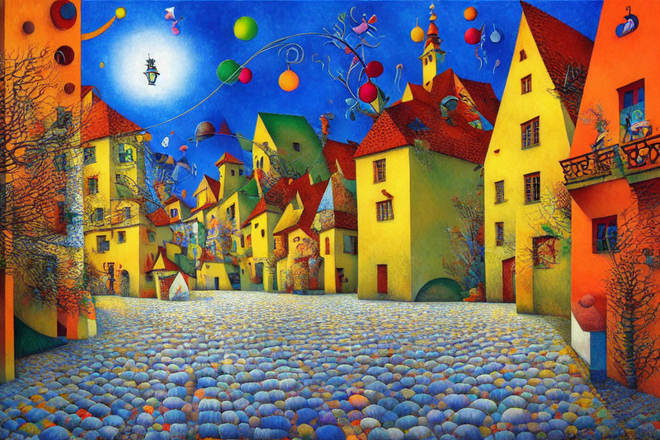 Vibrant painting of cobblestone plaza with whimsical houses and flying objects