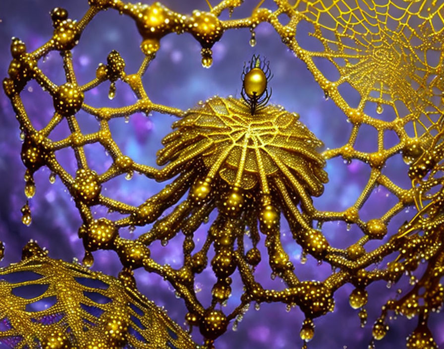 Golden fractal lattice figure in cosmic purple backdrop with orbs