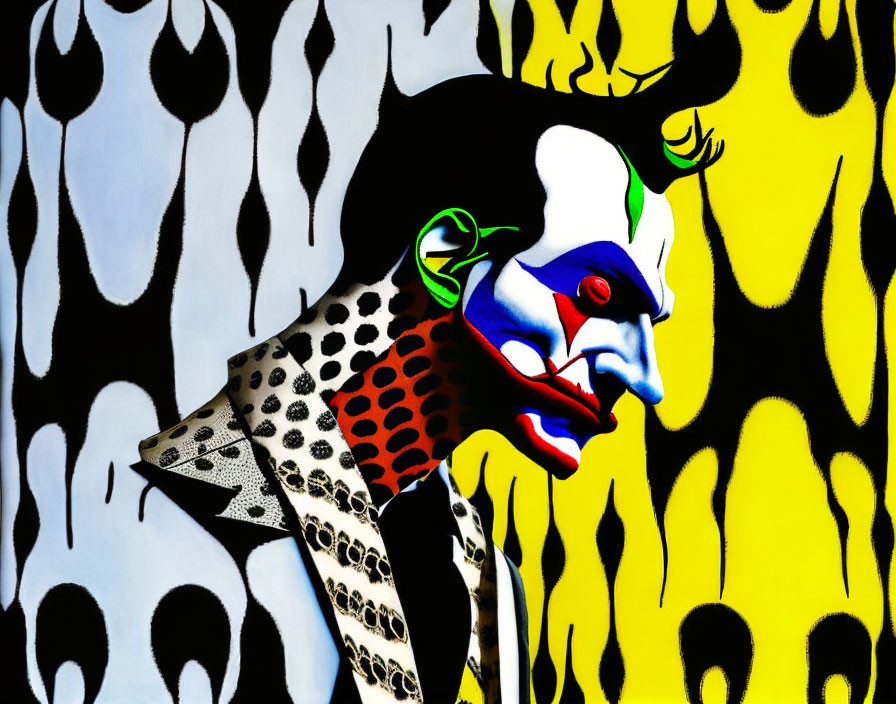 Vibrant abstract clown face on yellow, black, and white background