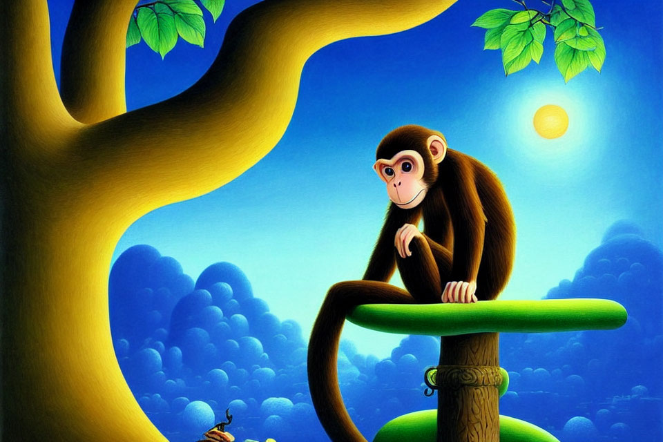 Illustration of monkey on tree branch at twilight with glowing sun and bird