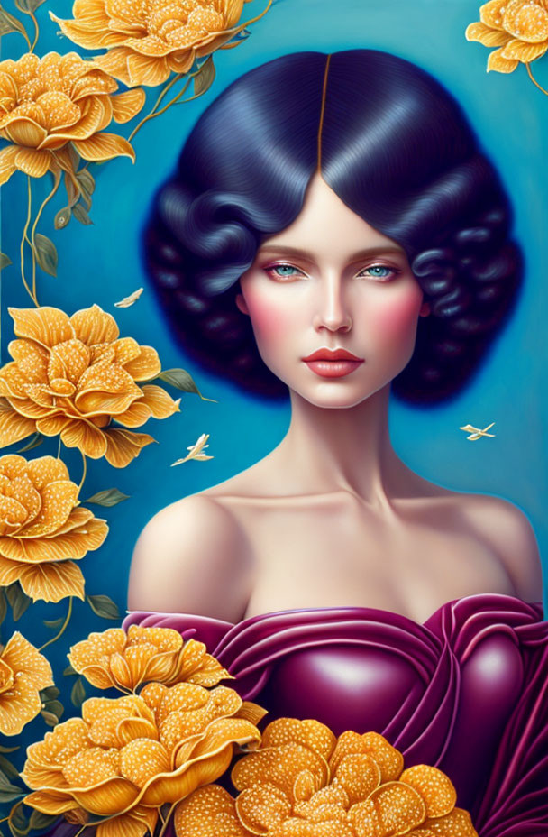 Stylized woman with blue eyes among yellow flowers on blue background