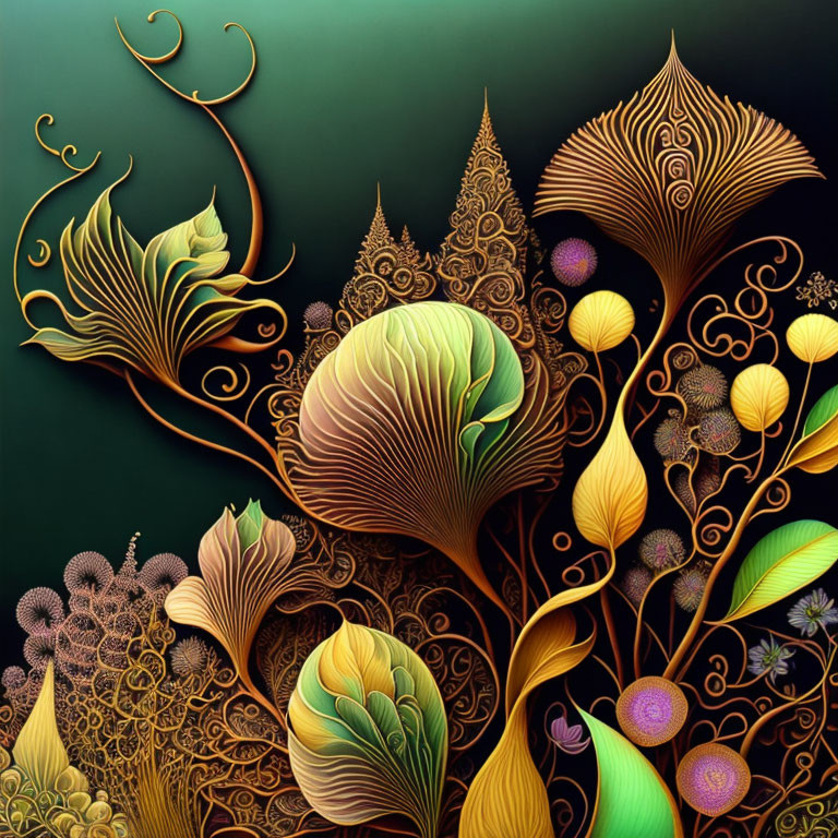 Artistic image: Intricate gold and yellow botanical design on dark green background