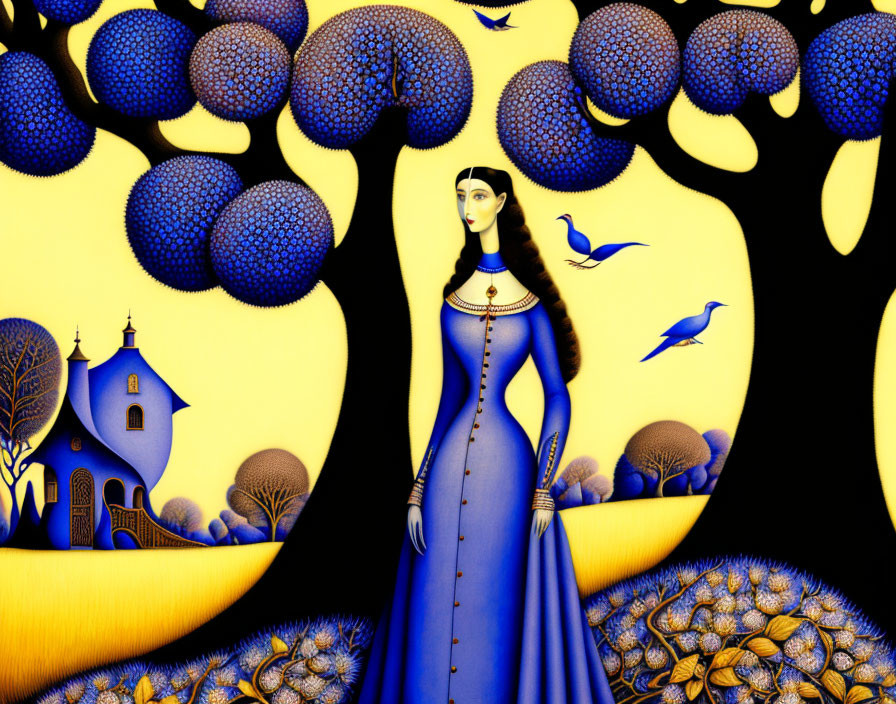 Surreal landscape with woman in blue dress and birds