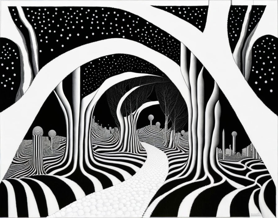 Monochrome abstract drawing of surreal landscape with patterned trees and winding path