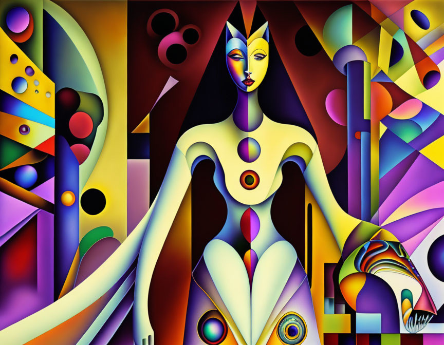 Vibrant Abstract Painting with Stylized Humanoid Figure