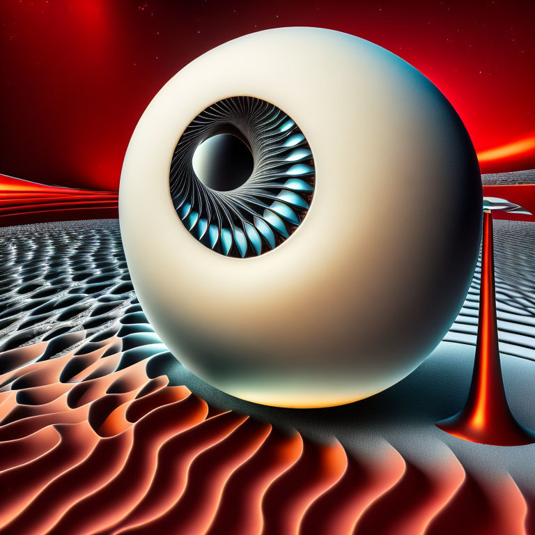 Surreal illustration: large eye-like structure on textured landscape