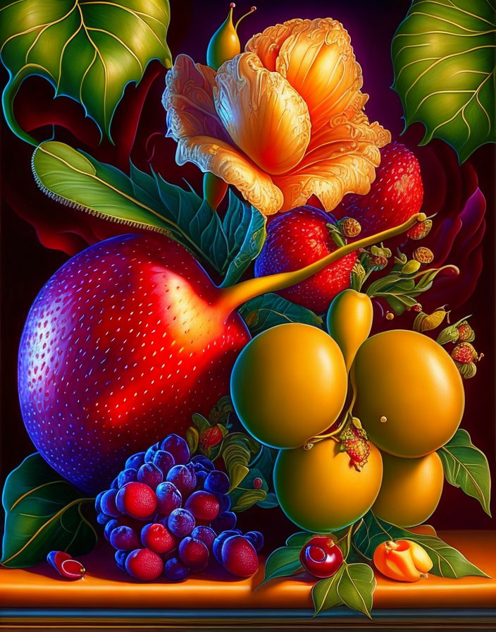 Colorful digital still life artwork of assorted fruits with a flower