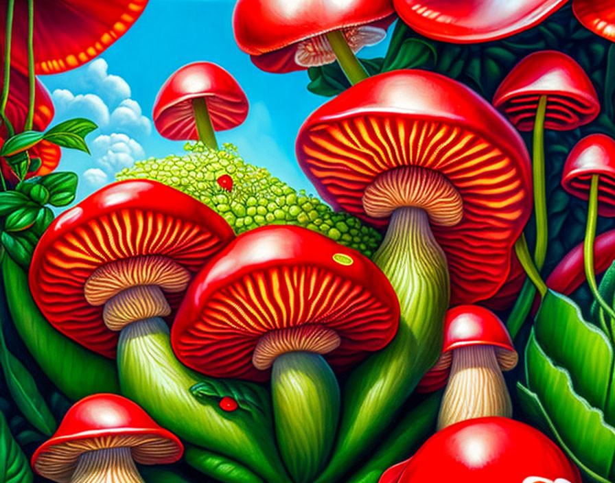 Colorful Mushroom Illustration Surrounded by Plants and Sky