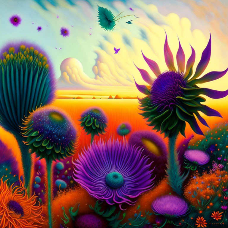 Vibrant surreal landscape: oversized purple and green flowers under warm orange sky