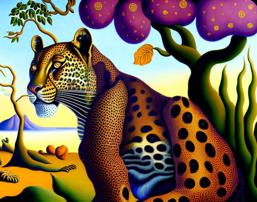 Colorful Surrealist Painting of Leopard in Fantastical Landscape