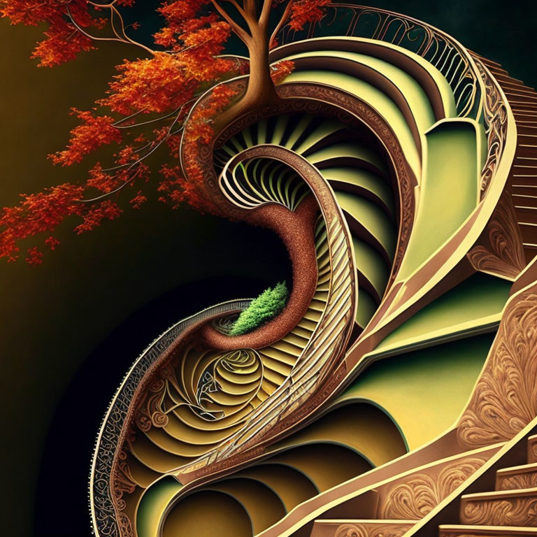 Fractal image of spiraling organic form with tree-like features on dark backdrop.