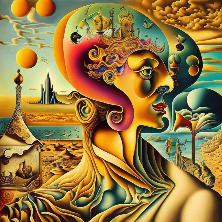 Vibrant surrealistic painting with human-like profile and fantastical elements