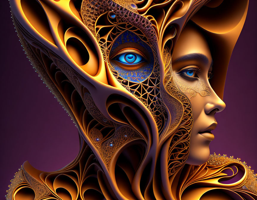 Profile View Digital Art: Woman with Golden Skin Patterns and Blue Eye