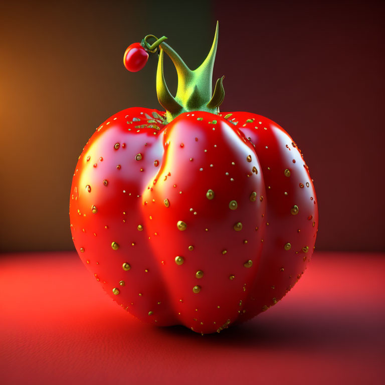 Ripe red tomato with water droplets and small tomato on vine against soft red backdrop