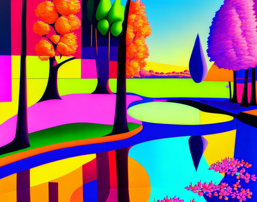 Colorful Surreal Landscape with Stylized Trees and Reflective Water