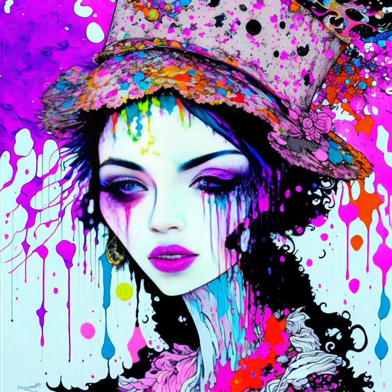 Colorful portrait of woman with purple skin, bold makeup, and decorative hat against vibrant backdrop.