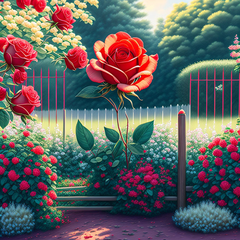 Lush garden with giant rose, red flowers, and pink fence at dusk