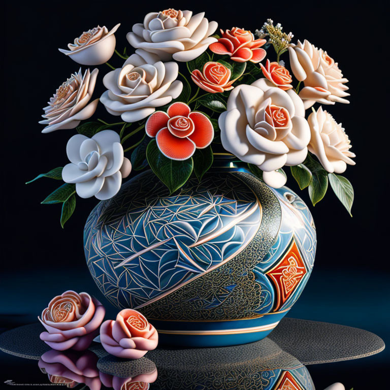 Colorful digital artwork: decorative vase with intricate patterns and pastel roses on reflective surface