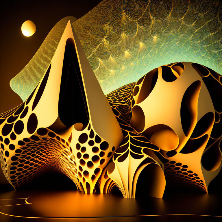 Organic shapes and warm tones in 3D abstract art with stylized moon