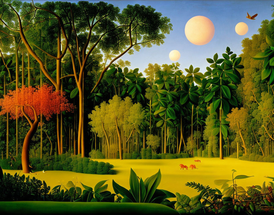 Lush forest painting with deer, oversized leaves, and twin moons