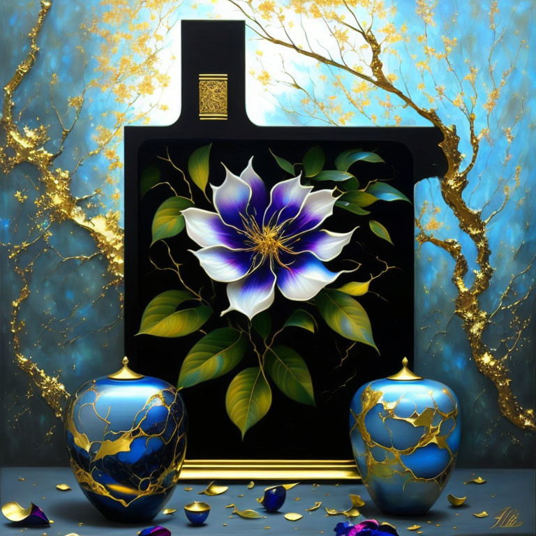 Colorful painting featuring purple flower, gold accents, blooming tree, and ornate vases