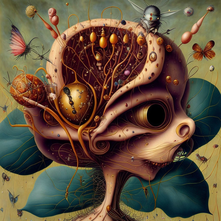 Surrealist painting: Intricate creature with floral face, mechanical elements, and butterflies on muted background