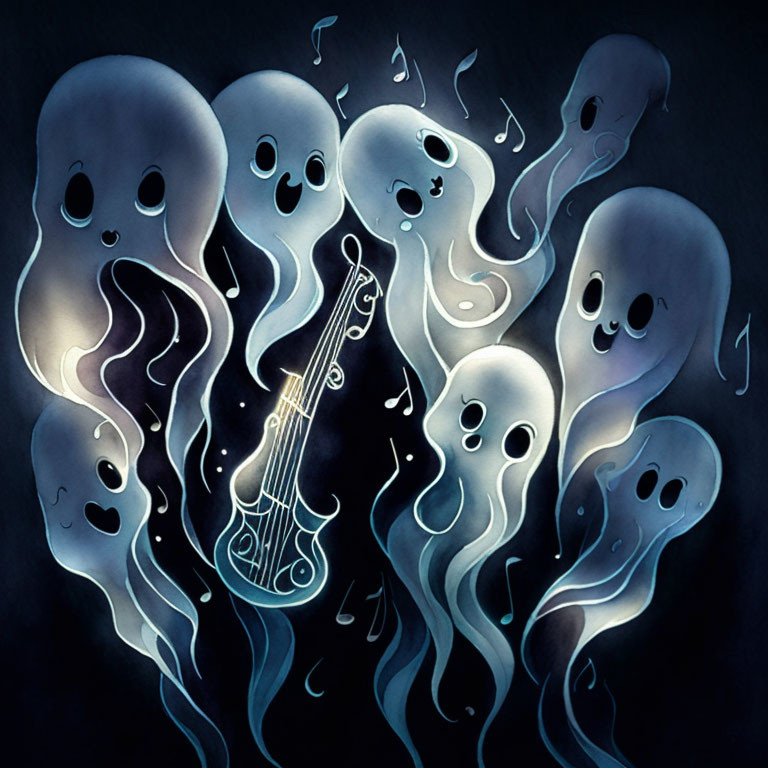 Whimsical animated ghost characters playing guitar with floating musical notes