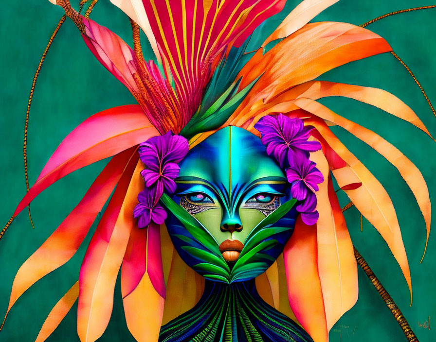 Colorful Tropical Foliage Face Artwork on Teal Background