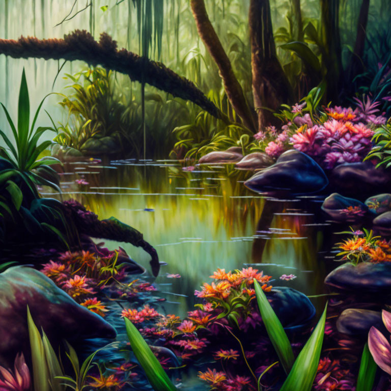 Tranquil pond in lush forest with vibrant pink flowers