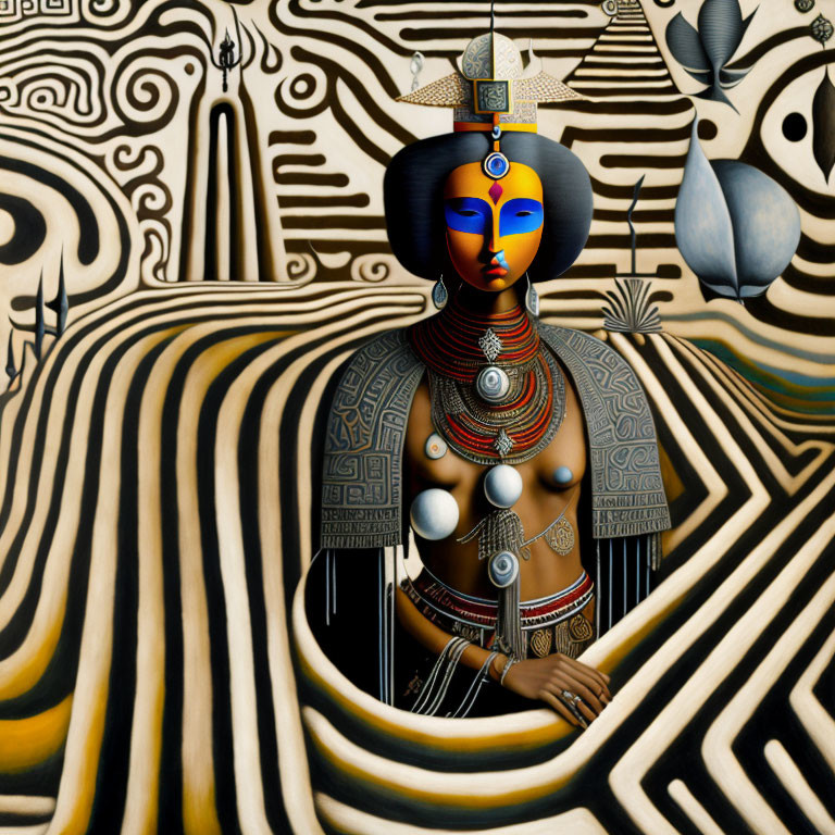 Stylized woman with intricate headwear and jewelry on surreal background