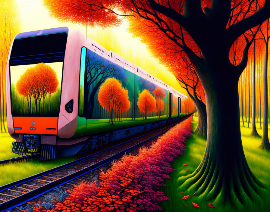 Colorful modern train in autumn landscape with vibrant foliage