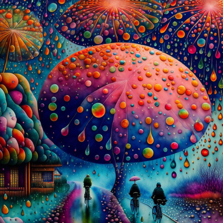 Colorful surreal landscape with glowing orbs and dandelion-like trees