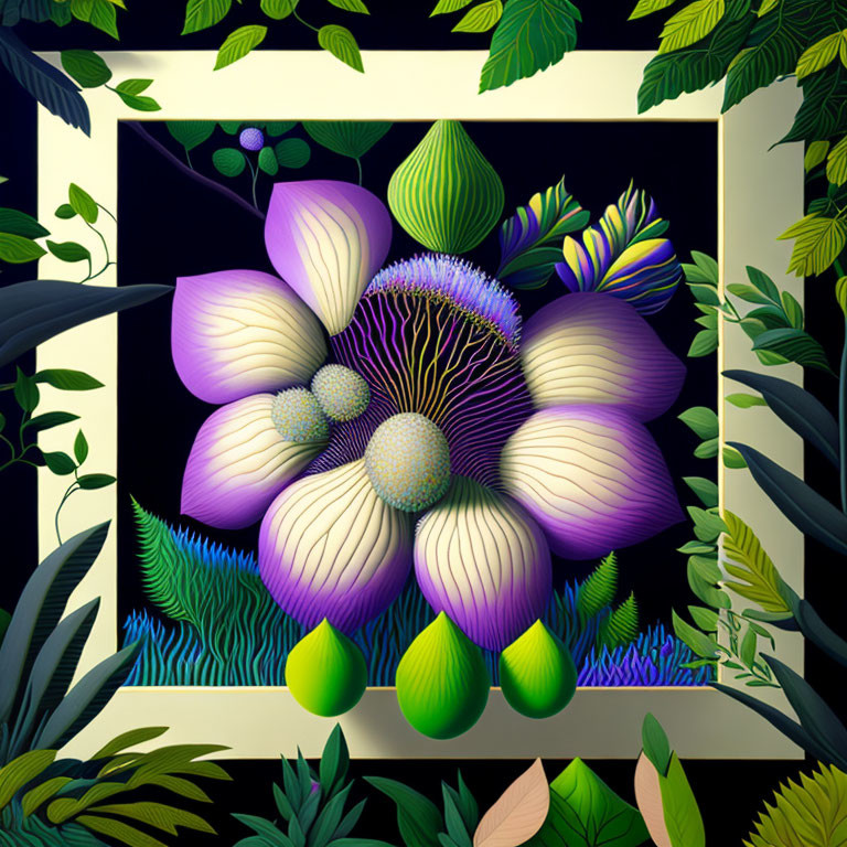 Stylized purple flower digital artwork with green foliage